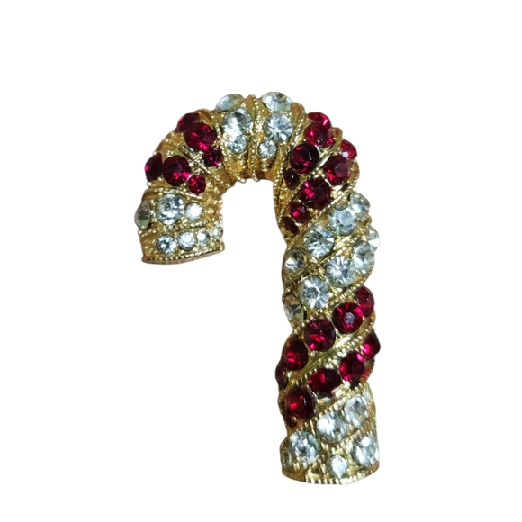 Christmas Candy Cane with Red Clear Rhinestone Gold Tone Brooch Pin Signed Monet - Picture 1 of 4
